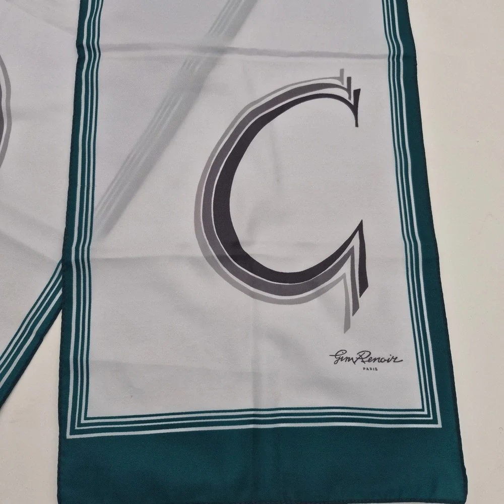 Gim Renoir Paris Vintage Scarf Teal Green White Italy Graphic G Logo Oblong